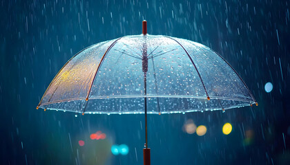 umbrella in rain, rain on the rain, Transparent umbrella under rain against water drops splash background. Rainy weather concept