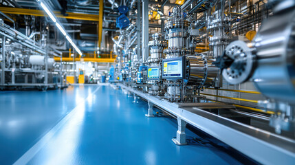 Fototapeta premium High tech factory interior showcasing advanced machinery and equipment. clean, blue floor contrasts with metallic components, emphasizing modern industrial environment