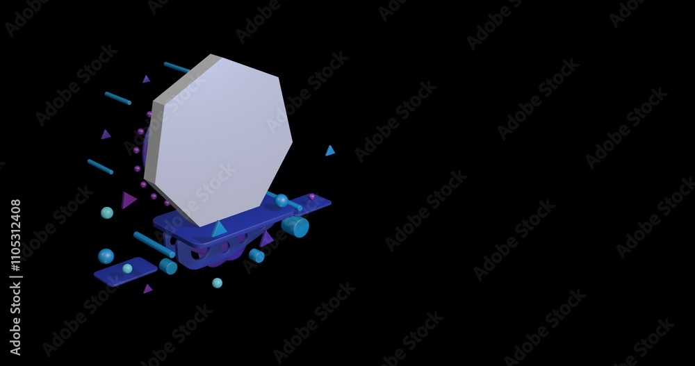 Poster white heptagon symbol on a pedestal of abstract geometric shapes floating in the air. abstract conce