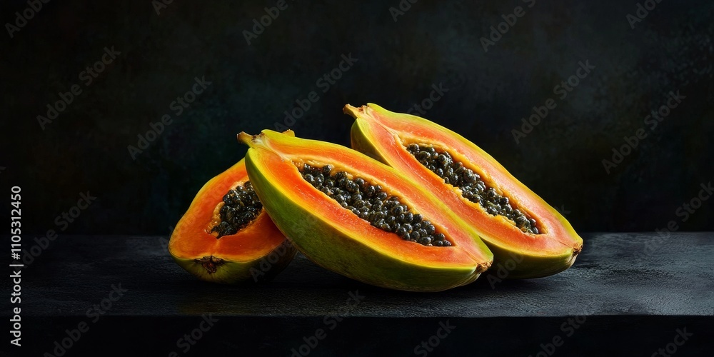 Poster fresh papaya displayed on a black background creates a striking visual. this fresh papaya showcases 