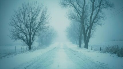 Snowy winter road scene rural area photography foggy environment scenic viewpoint tranquility