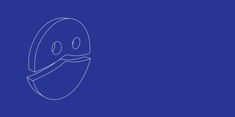 The outline of a large masked face symbol made of white lines on the left. 3D view of the object in perspective. Vector illustration on indigo background