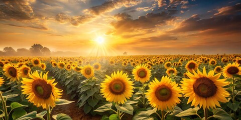 Obraz premium Golden hour sun rays illuminate a vast field of sunflowers at dawn
