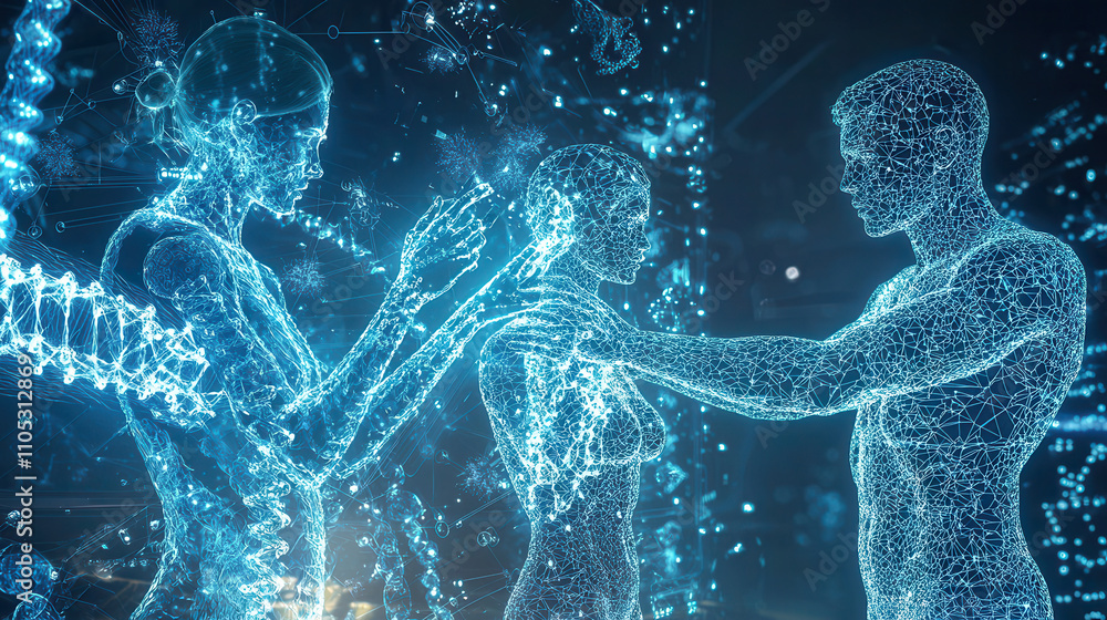 Poster futuristic lab scene with biologists studying dna and genetic structures. digital representation of 