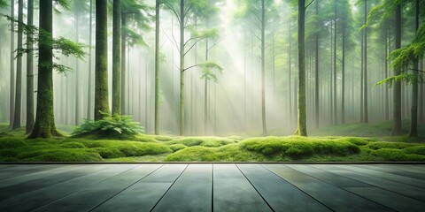 Serene Foggy Forest with Wooden Deck A Peaceful Nature Scene