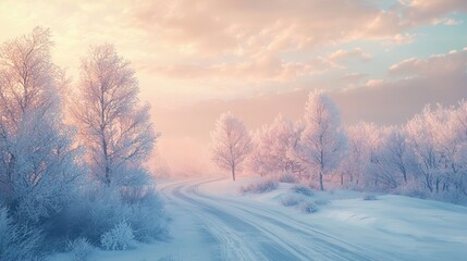 Fototapeta premium Winter wonderland scenic view of frosty trees along snowy road at sunrise in nature landscape