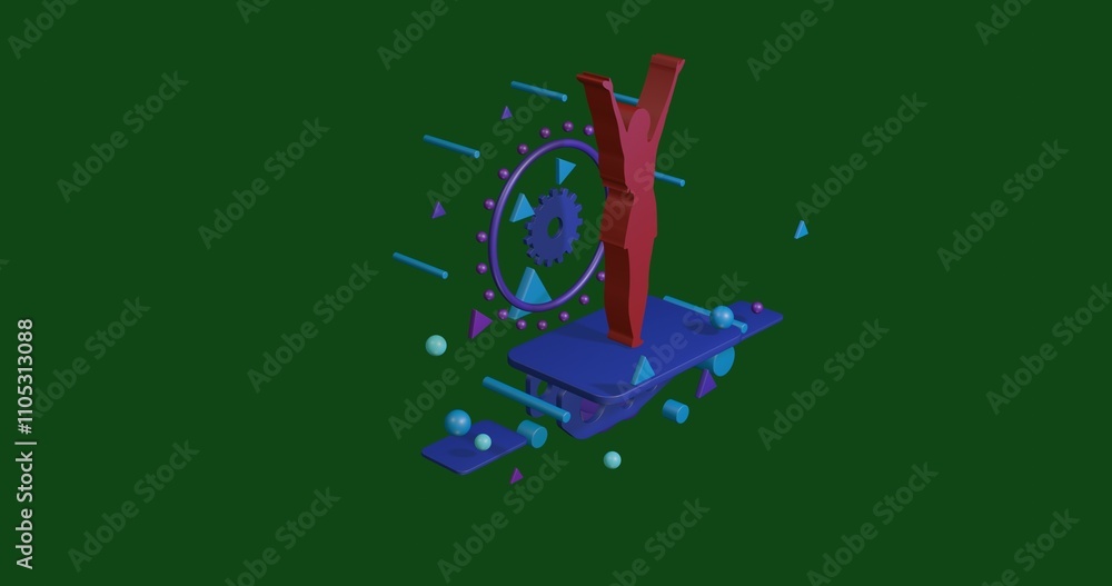 Poster red woman with hands up symbol on a pedestal of abstract geometric shapes floating in the air. abstr