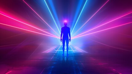 Silhouette Figure Illuminated by Neon Laser Beams