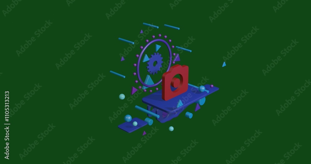 Poster red photo camera symbol on a pedestal of abstract geometric shapes floating in the air. abstract con