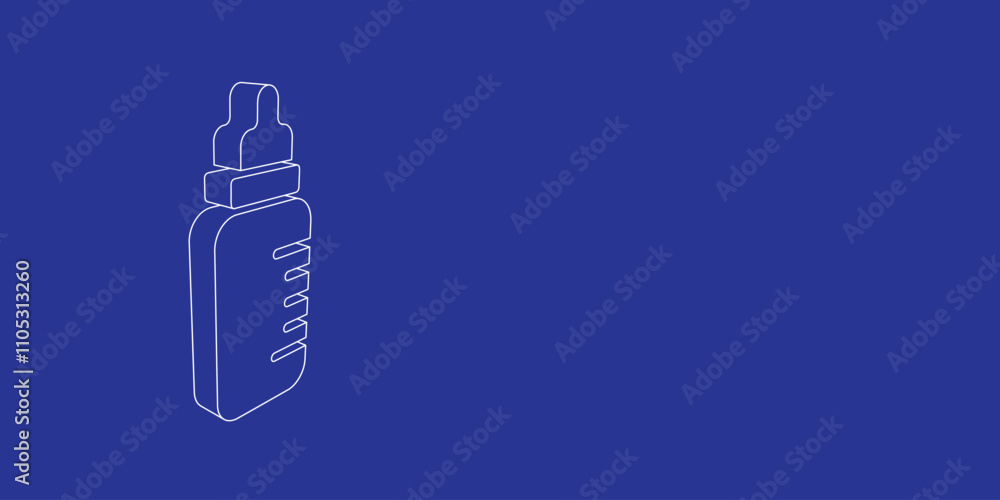 Poster the outline of a large feeding bottle symbol made of white lines on the left. 3d view of the object 