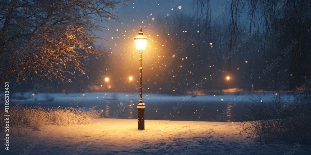 Poster illuminated lamppost shining brightly amidst a winter landscape, creating a warm glow in the chilly 