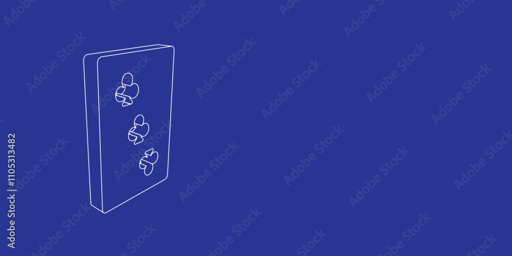 Poster the outline of a large three of clubs playing card made of white lines on the left. 3d view of the o