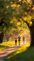 Obraz premium Active older couple jogging in green park with fitness trackers