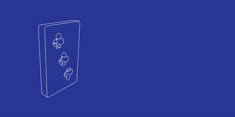 The outline of a large Three of Clubs playing card made of white lines on the left. 3D view of the object in perspective. Vector illustration on indigo background