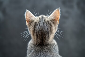 Cat Looking Back. British Shorthair Summing Up with a Beautiful Closeup on Grey Background
