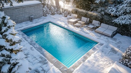 A snow-covered pool area with ice-cold water reflecting bright light.
