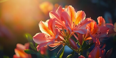 Fototapeta premium Close up of unknown flowers illuminated by sunlight, showcasing the intricate details and vibrant colors typical of unknown flowers in a sunny setting. Perfect for nature enthusiasts and floral