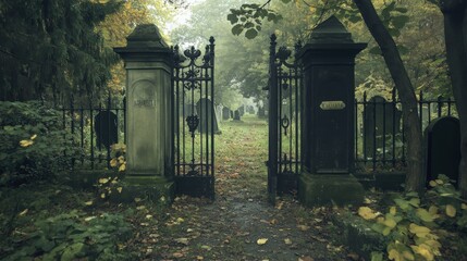 Cemetery Gate Wide. Graphic Design of Creepy Cemetery Entrance for Halloween Background