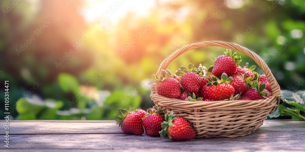 Poster fresh strawberries in a basket on a wooden table surrounded by a natural setting. these delightful s