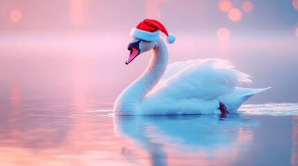 Fototapeta premium Majestic Swan in Santa Hat on Shimmering Pond with Soft Pastel Background