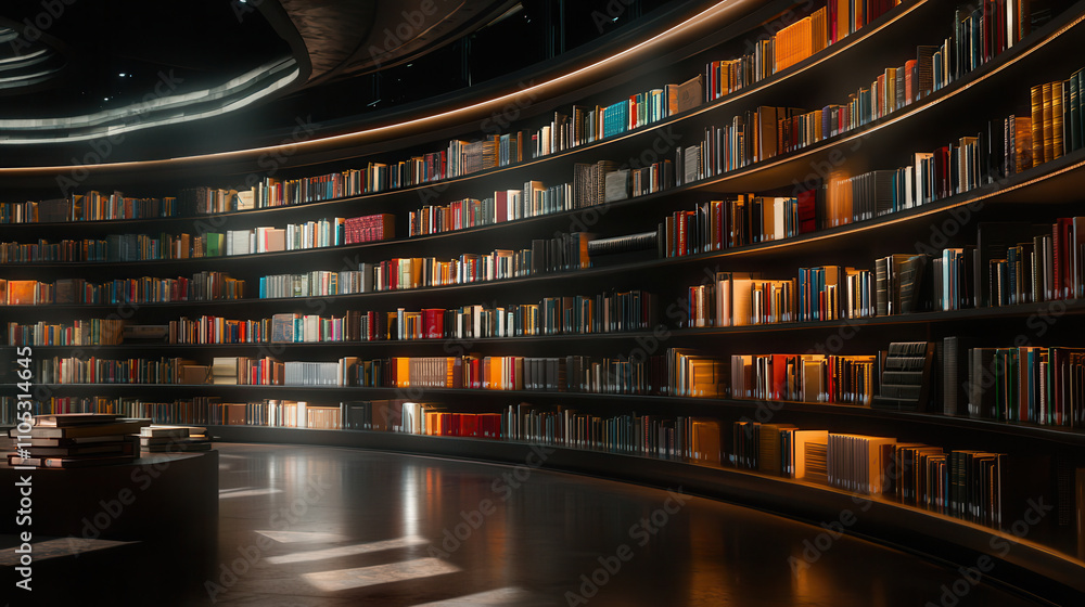 Poster large futuristic library with morphing shelves filled with books, illuminated by soft lighting, crea