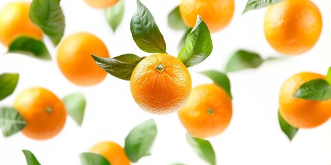 Flying oranges accompanied by fresh mint leaves set against a white background. This image captures the vibrant flying oranges in dynamic movement with selective focus and tinting effects.