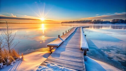 Serene winter sunrise over a frozen lake with a snow-covered wooden dock extending into the tranquil water