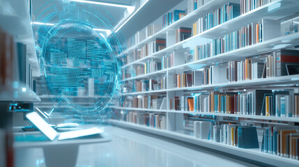 Obraz premium large futuristic library featuring morphing shelves filled with books, illuminated by soft blue lighting. advanced technology enhances reading experience