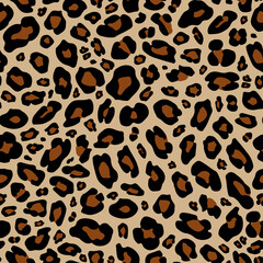 seamless leopard pattern features black and brown spots on a beige background, creating a wild and exotic design perfect for fashion, textiles, and decorative purposes.