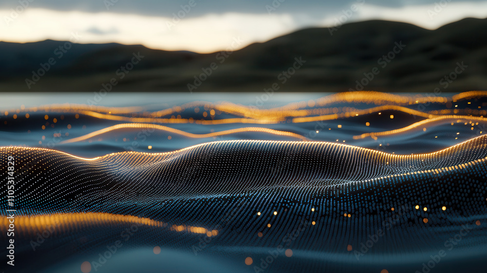 Poster mesmerizing digital landscape featuring flowing waves of light and color, creating serene and captiv
