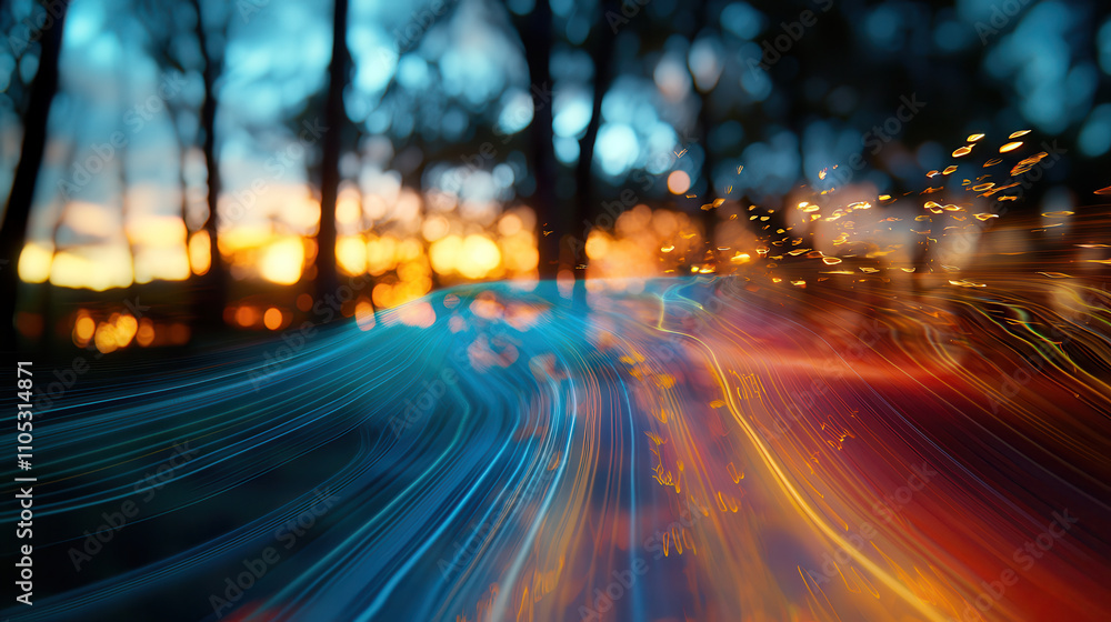 Poster mesmerizing psychedelic landscape with vibrant colors and flowing light trails, creating surreal atm