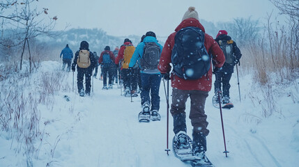 A snowshoeing expedition organized by a local outdoor club, where participants explore snowy trails while learning about local winter wildlife and environmental conservation efforts.