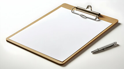 A Wooden Clipboard with a Blank White Paper Sheet and a Silver Pen on a White Surface, Ready for Writing and Taking Notes