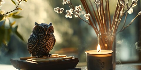 Cherry twigs, candle, and owl figurine create a captivating scene of light and shadow. The owl symbolizes wisdom, complemented by darshan sandal and incense sticks for a serene atmosphere.