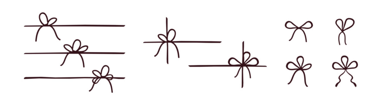 Bow gift ribbon line simple element set. Hand drawn doodle stroke ribbon bow, vector illustration set.