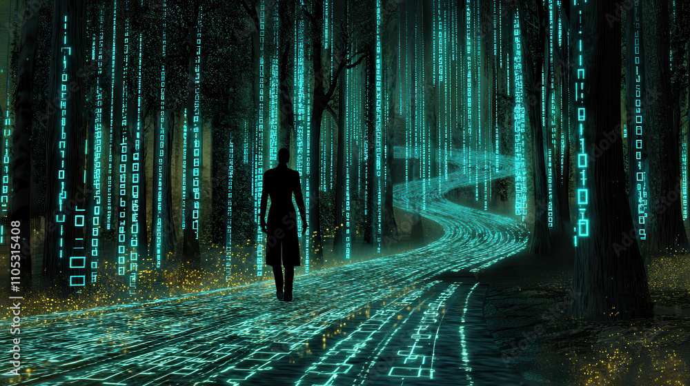 Poster mystical forest illuminated by glowing binary code, featuring figure walking along path. atmosphere 