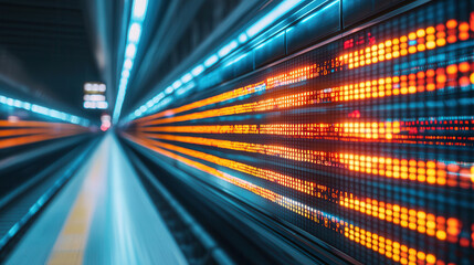 vibrant neon lit scene of futuristic train station with glowing orange and blue lights illuminating platform. dynamic atmosphere evokes sense of motion and excitement