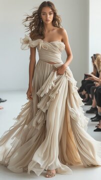 A model wears an off-the-shoulder beige dress with a long, flowing train made of sheer chiffon and fabric details that cascade to the floor.