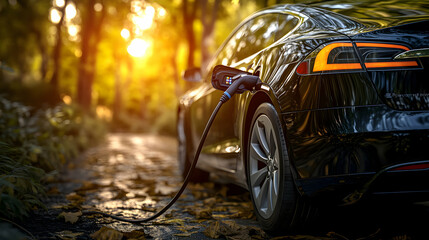 A Black Electric Car Charging in a Forest Path with Autumn Leaves and a Golden Sunset