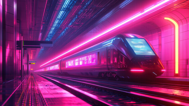 neon lit night scene of futuristic train station with vibrant colors and sleek design, showcasing modern train waiting on platform