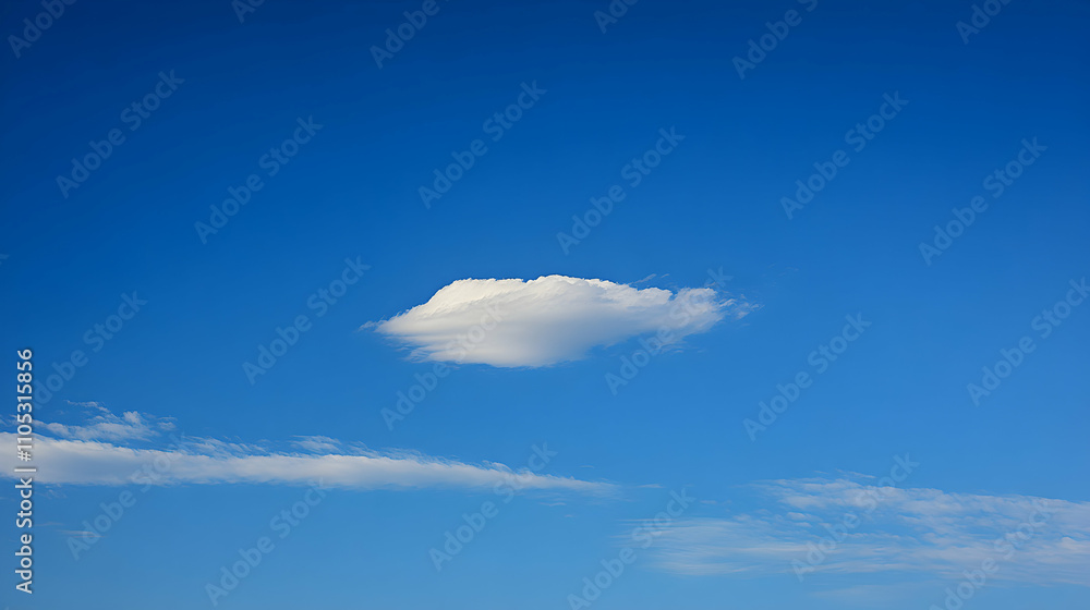 Poster a single white cloud floating against a deep blue sky with wispy cirrus clouds in the background