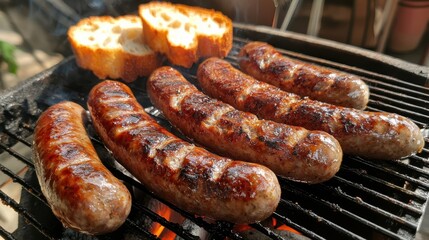 Grilling juicy sausages backyard bbq food photography outdoor setting close-up view summer vibes