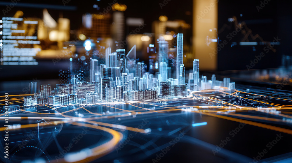 Poster futuristic urban design concept showcasing digital city model with illuminated structures and data o
