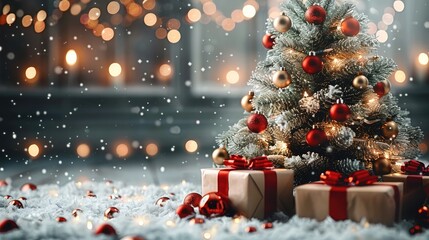 Luxury Christmas background with Christmas tree with gift boxes, luxury Christmas greeting card, copy space.