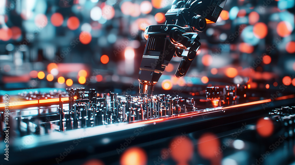 Poster robotic arm assembling futuristic gadgets in high tech environment, showcasing precision and innovat