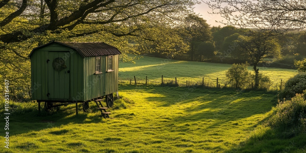 Poster shadows cast by the spring sunshine on a shepherd s hut create a serene ambiance, highlighting the b