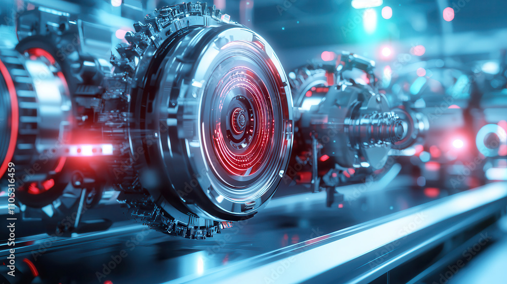 Poster futuristic machinery with glowing red elements and intricate designs showcases advanced technology i