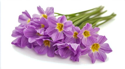 Obraz premium A cluster of purple flowers with yellow centers on a white base.