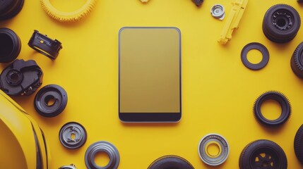 New car parts and a blank smartphone on a yellow background, ideal for an app to sell auto parts. 