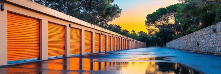 Fototapeta premium Modern Self Storage Units Orange Doors at Sunset Reflected in a Wet Asphalt Driveway